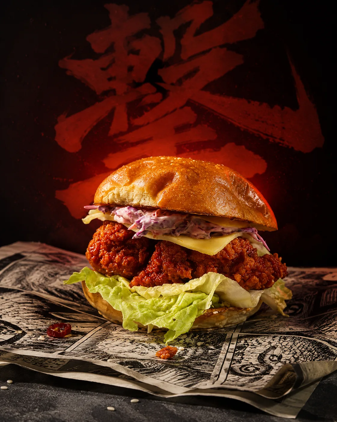 Attack On Hunger, nashville hot chicken menu photo, nashville chicken & burgers food photography by Pleny
