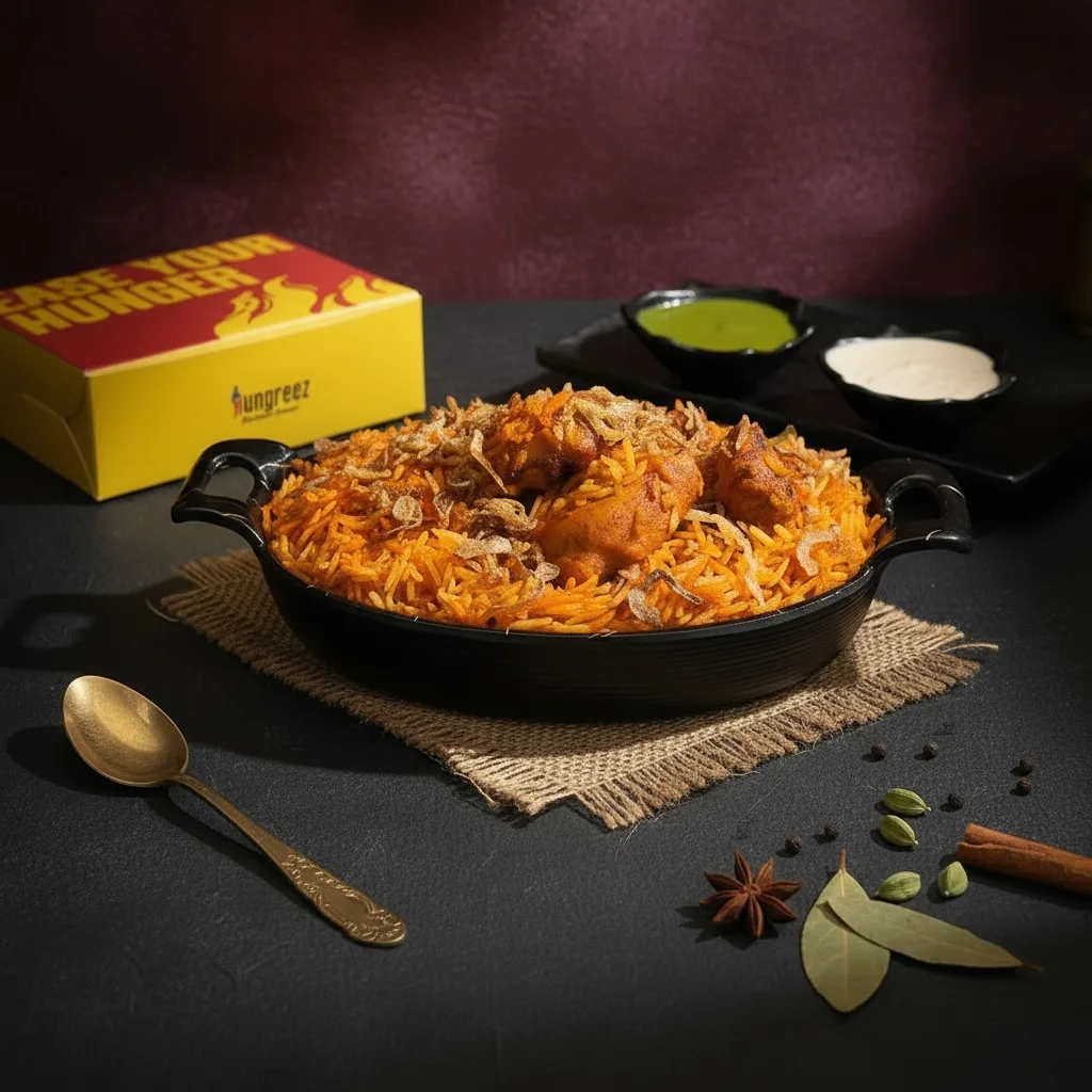 Hungreez, chicken tikka biryani menu photo, biryani & fried chicken food photography by Pleny
