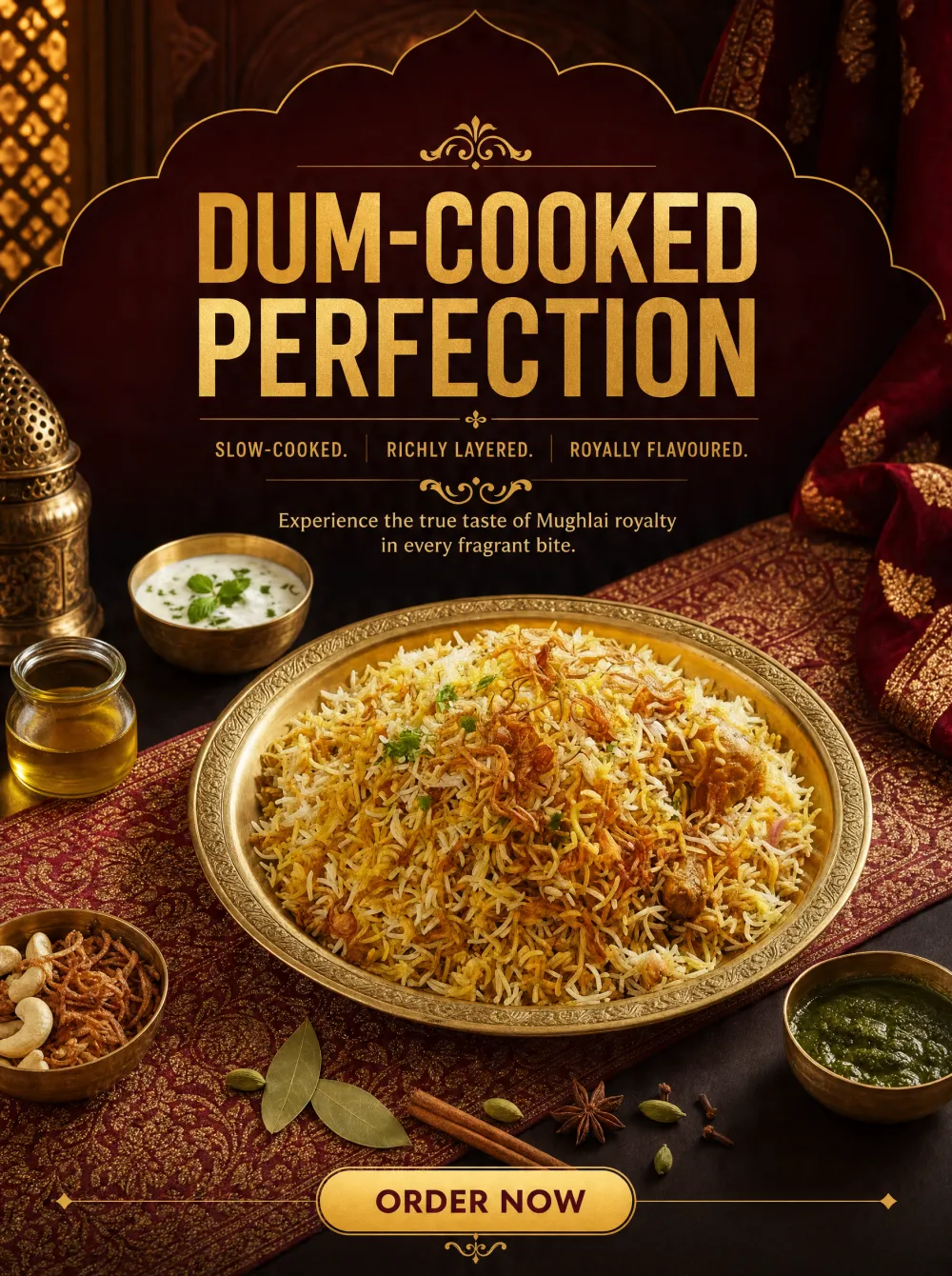 Premium biryani promo poster generated from the dish photo